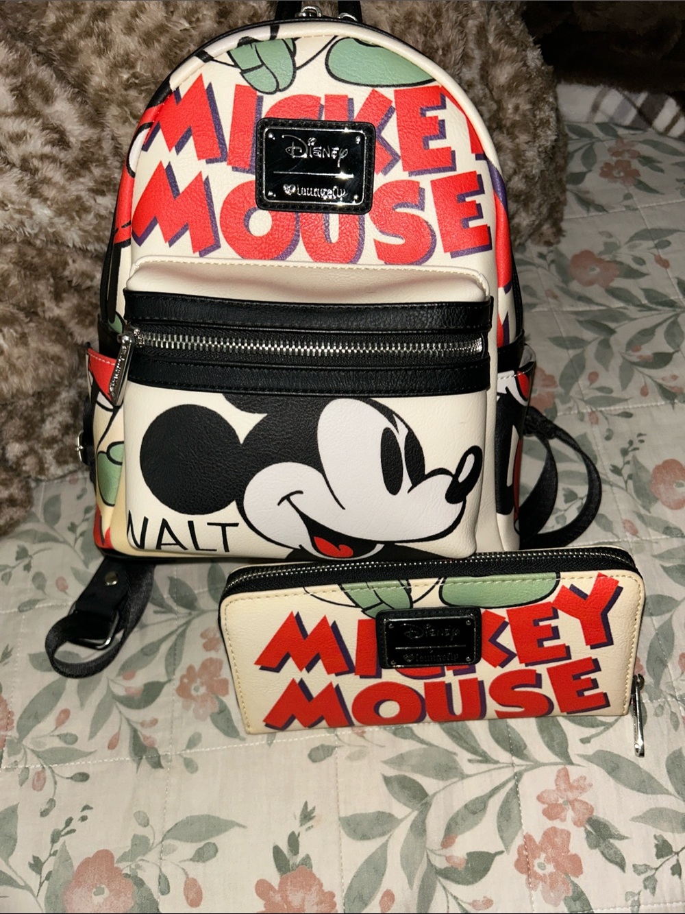 Disney Cream Mini Backpack and Wallet with Red Mickey Lettering